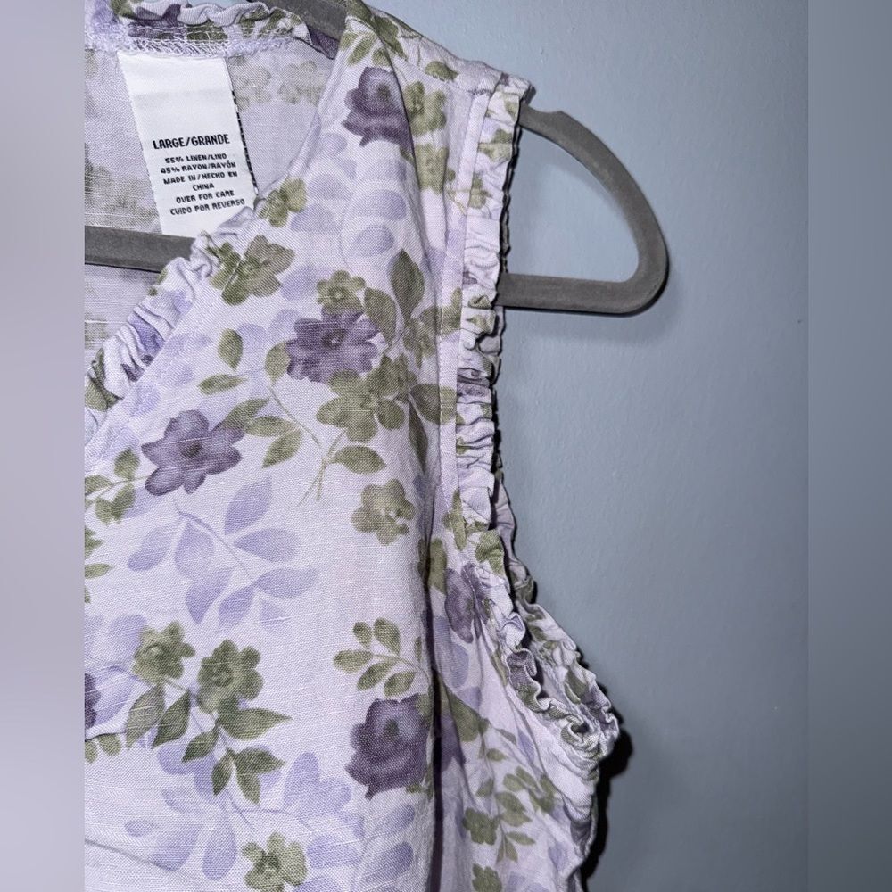 Kathy Ireland Floral Linen Vintage Shift Purple Midi V Neck Deadstock dress Larg - Picture 3 of 7